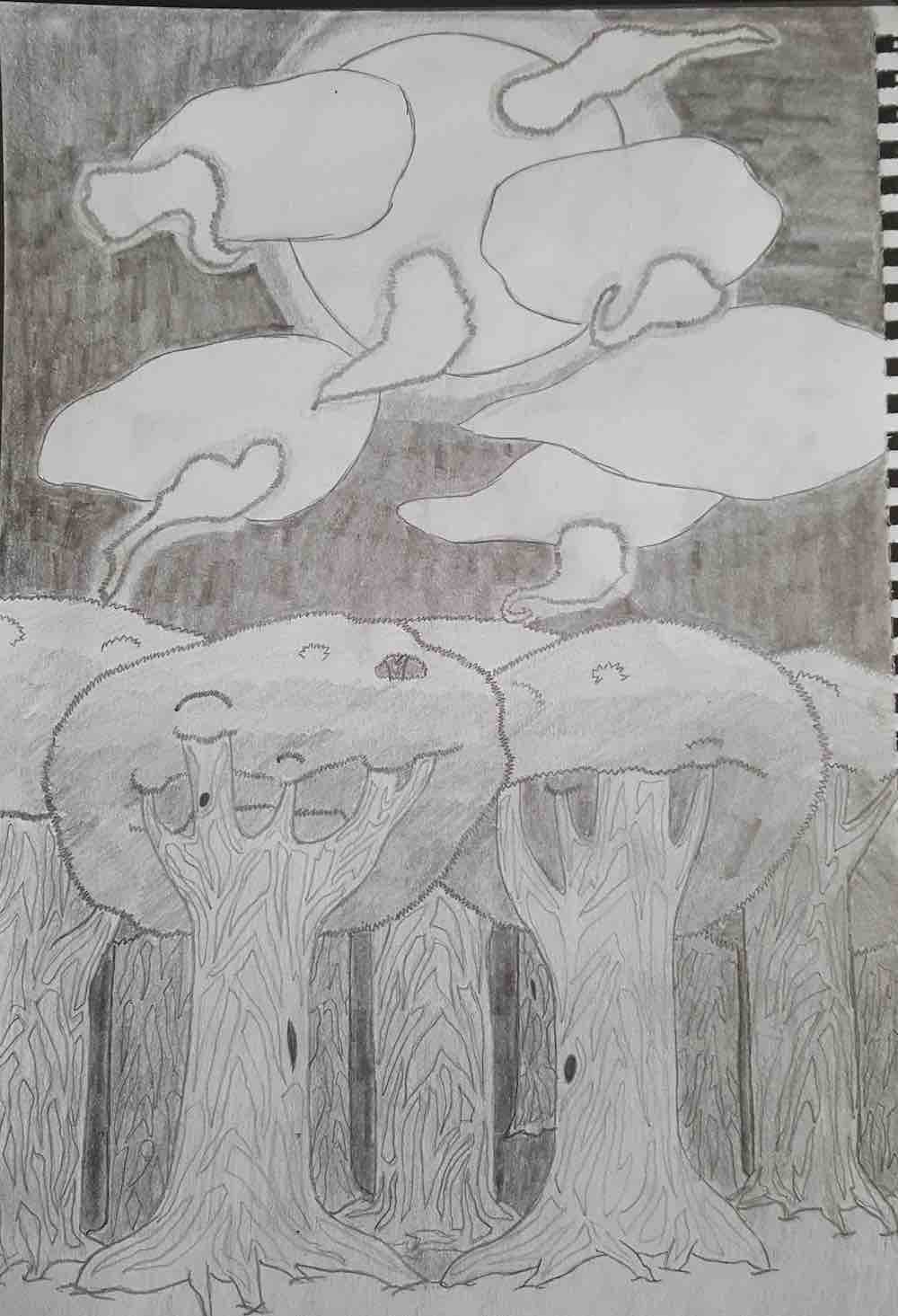 Pencil drawing of a magical forest